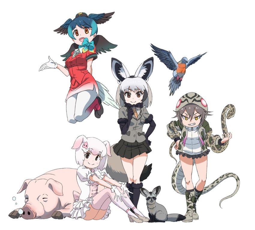 4koma animal animal_ears back_bow bad_id bad_twitter_id bat-eared_fox bat-eared_fox_(kemono_friends) bird bird_girl bird_tail bird_wings black_footwear black_gloves black_hair black_neckwear blouse blue_hair blue_neckwear blush boots bow bowtie brown_eyes brown_skirt collared_shirt comic commentary_request creature_and_personification drawstring elbow_gloves flying fox fox_ears fox_girl fox_tail frilled_skirt frills full_body fur_trim garrison_cap gloves gradient_clothes gradient_hair gradient_legwear gradient_skirt grey_bow grey_hair grey_jacket grey_legwear grin habu hand_on_own_hip hands_on_own_knees hat head_wings high_heels highres hood hood_up hoodie jacket kemono_friends kemono_friends_2 long_hair long_sleeves midair multicolored_clothes multicolored_hair multicolored_legwear necktie okinawa_habu_(kemono_friends) orange_neckwear pantyhose passenger_pigeon passenger_pigeon_(kemono_friends) pencil_skirt personification pig pig_(kemono_friends) pig_ears pig_girl pig_nose pink_bow pink_hair pink_legwear pink_neckwear pink_shirt pleated_skirt pleated_sleeves print_footwear print_hoodie puffy_short_sleeves puffy_sleeves red_jacket red_legwear red_skirt scarf shirt short_hair short_sleeves sitting skirt sleeping slit_pupils smile snake snake_print snake_tail socks tail thighhighs two-tone_hair two-tone_shirt white_gloves white_hair white_legwear white_shirt white_skirt wings yamaguchi_yoshimi yellow_eyes zettai_ryouiki