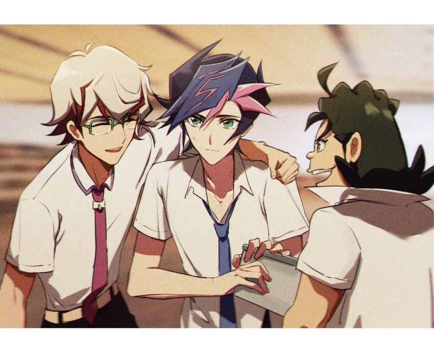 3boys arm_around_shoulder arm_up bad_id bad_lofter_id belt black_hair black_pants blue_hair blue_necktie classroom clenched_hand closed_eyes collared_shirt day fujiki_yusaku green-framed_eyewear green_eyes grey_hair hands_up happy highres holding homura_takeru indoors loose_necktie male_focus medium_hair multicolored_hair multiple_boys naoki_(2rzmcaizerails6) necktie nervous_smile open_mouth pants pink_hair popped_collar purple_necktie red_hair shima_naoki shirt short_hair short_sleeves smile spiked_hair streaked_hair sweatdrop teeth upper_body upper_teeth_only white_background yu-gi-oh! yu-gi-oh!_vrains