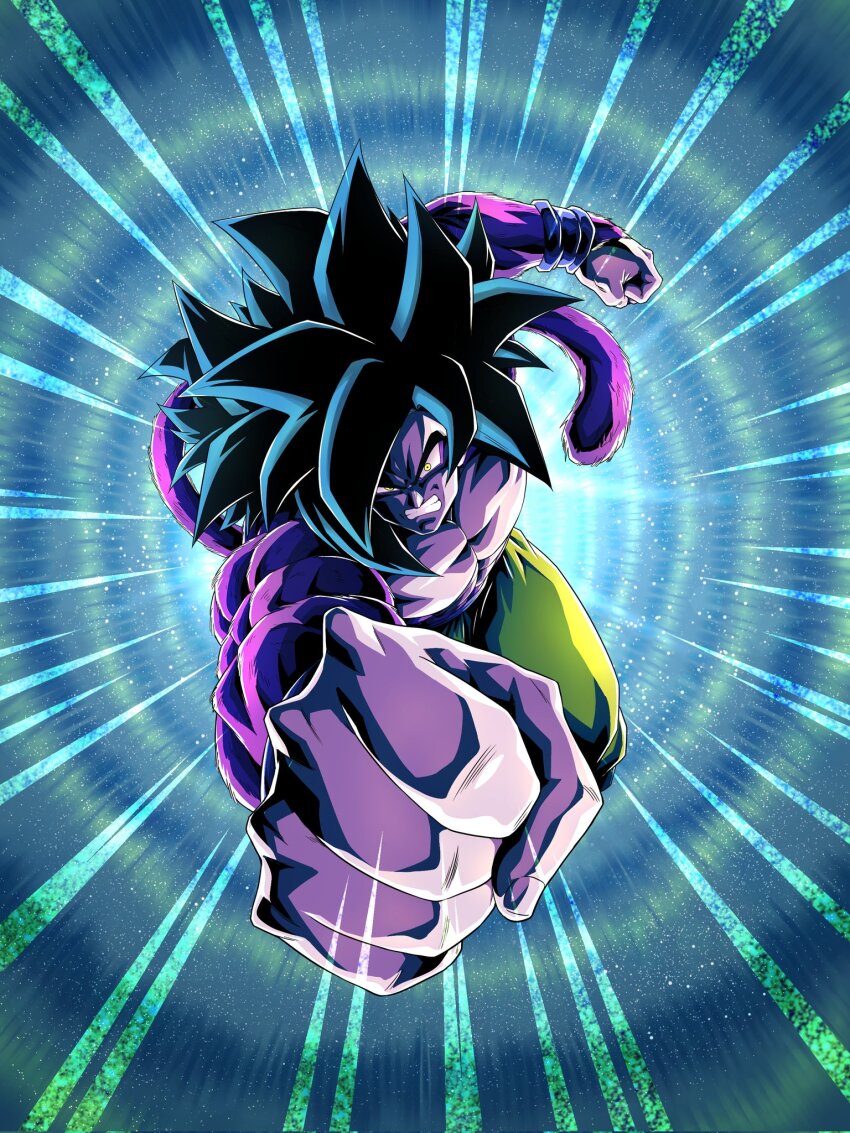 angry black_hair dragon_ball dragon_ball_gt dragon_fist highres incoming_attack kamehameha_(dragon_ball) muscular muscular_male punching red_fur son_goku super_saiyan super_saiyan_4 tagme tail yellow_eyes