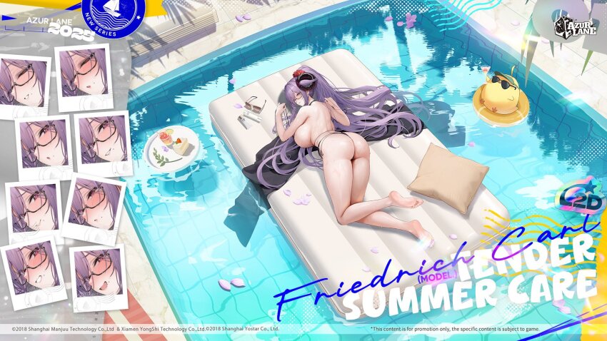 1girl artist_request ass azur_lane barefoot bikini bird black-framed_eyewear black_bikini black_horns breasts cake cake_slice character_name commentary copyright_name cup curled_horns english_commentary english_text feet flower food friedrich_carl_(azur_lane) friedrich_carl_(tender_summer_care)_(azur_lane) from_above from_behind fruit glasses hair_flower hair_ornament highres holding_with_feet horns lime_(fruit) lime_slice long_hair looking_at_viewer looking_back lying manjuu_(azur_lane) mole mole_on_breast mole_under_mouth multiple_expressions nail_polish official_alternate_costume official_art on_stomach pool promotional_art purple_hair red_flower semi-rimless_eyewear side-tie_bikini_bottom soles sunglasses swimsuit thighs unworn_eyewear very_long_hair water wet