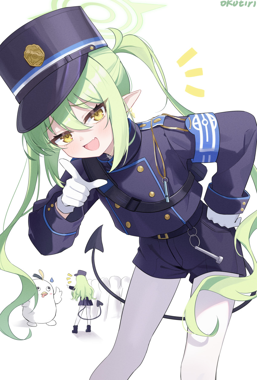 2girls absurdres armband artist_name black_jacket black_shorts blue_archive blue_armband commentary demon_tail exusiai_dust gloves green_hair green_halo hair_between_eyes halo highres hikari_(blue_archive) jacket long_hair long_sleeves looking_at_viewer multiple_girls notice_lines nozomi_(blue_archive) pantyhose peroro_(blue_archive) pointing pointing_at_viewer revision shorts siblings simple_background sisters standing tail twins twintails very_long_hair white_background white_gloves white_pantyhose yellow_eyes