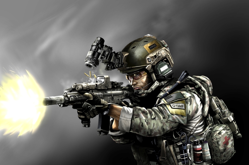 1boy aiming american_flag assault_rifle blue_eyes camouflage casing_ejection eotech explosive firing first_aid_kit flashlight gloves goggles grenade gun h&amp;k_hk416 hand_grenade headset heckler_&amp;_koch helmet highres holographic_weapon_sight load_bearing_vest magazine_(weapon) magpul male_focus military_combat_uniform military_operator military_uniform muzzle_flash night-vision_device original radio reflector_sight rifle scissors shell_casing sight_(weapon) smoke smoke_grenade solo tactical_light taka-man taka_(iawas) vertical_forward_grip weapon weapon_request