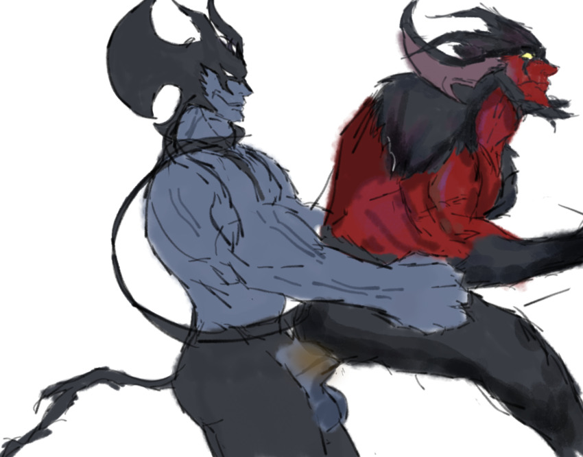 2boys amon_(devilman) anal anal_tail butt_plug devilman devilman_(character) devilman_crybaby fake_tail fudou_akira highres male_penetrated multiple_boys muscular muscular_male sex_toy tail yaoi