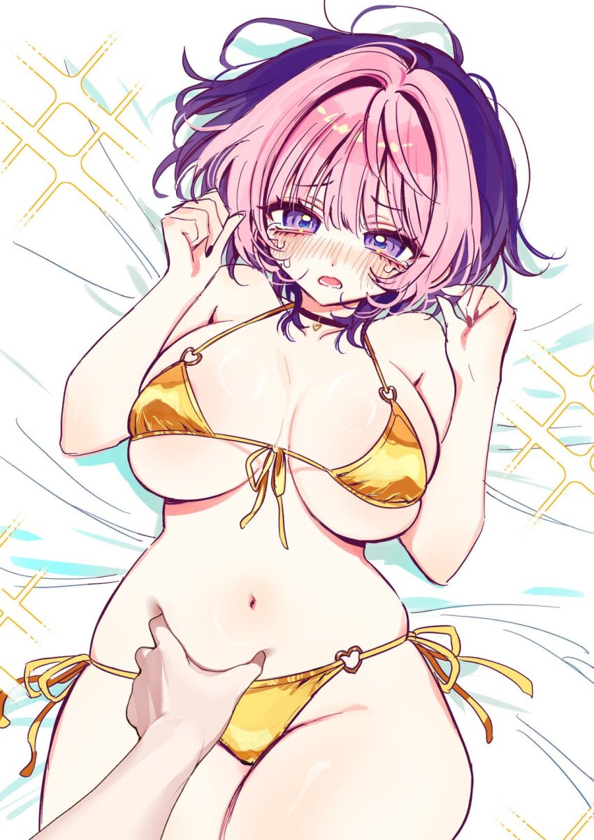 1girl ahoge akiyama_enma alternate_costume bare_shoulders bikini blush breasts cleavage collarbone crying crying_with_eyes_open gold_bikini grabbing_another&#039;s_stomach hair_intakes halterneck highres large_breasts lying meme multicolored_hair navel noa-senpai_wa_tomodachi. on_back open_mouth pink_eyes pink_hair pov pov_cheek_grabbing_(meme) pov_hands purple_eyes saotome_noa satin_bikini shiny_swimsuit short_hair sideboob solo_focus stomach string_bikini swimsuit tears thighs two-tone_hair underboob yellow_bikini