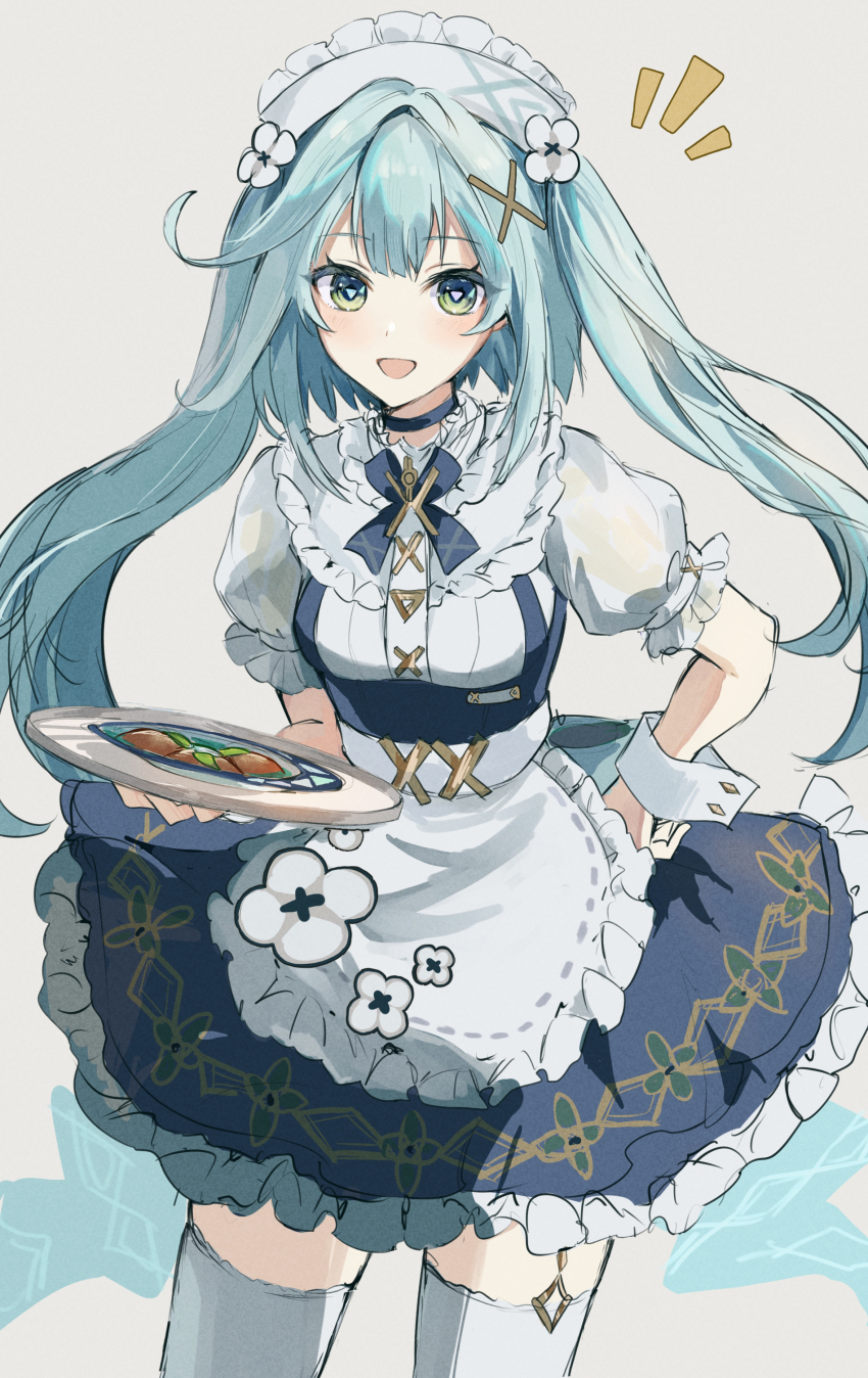 1girl :d absurdres apron blue_choker blue_hair blue_skirt choker cowboy_shot dress_shirt faruzan_(genshin_cafe_in_seoul)_(genshin_impact) faruzan_(genshin_impact) floating_hair flower frilled_skirt frills genshin_impact green_eyes grey_background hair_flower hair_intakes hair_ornament highres holding holding_plate long_hair looking_at_viewer maid_headdress mamoru_(1059) miniskirt official_alternate_costume open_mouth plate shirt short_sleeves sketch skirt smile solo standing symbol-shaped_pupils thighhighs twintails very_long_hair waist_apron white_apron white_flower white_shirt white_thighhighs x_hair_ornament zettai_ryouiki