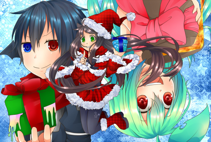 1boy 2girls :d adapted_costume assassin_cross_(ragnarok_online) black_hair black_pantyhose black_wings blue_background blue_eyes blush boots bow bowtie brown_hair christmas closed_mouth commentary_request dress full_body fur-trimmed_boots fur-trimmed_dress fur_trim gift green_hair hat head_wings heterochromia holding holding_gift jumping lif_(ragnarok_online) long_hair looking_at_viewer meiko_(nattu303) multiple_girls open_mouth pantyhose pink_bow pink_bowtie plant_hair pom_pom_hat_ornament ragnarok_online red_boots red_dress red_eyes santa_costume santa_hat short_hair smile teeth unmoving_pattern upper_body upper_teeth_only v-shaped_eyebrows wings