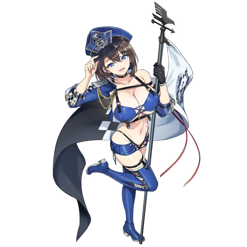 1girl azur_lane baltimore_(azur_lane) baltimore_(azur_lane)_(cosplay) baltimore_(finish_line_flagbearer)_(azur_lane) bikini blue_bikini blue_boots blue_eyes blue_hat blue_jacket boots braid breasts brown_eyes chest_harness cleavage cosplay cropped_jacket dolphin_wave flag game_cg harness hat hat_tip highleg highleg_bikini highres holding holding_pole jacket kirahoshi_kanna large_breasts looking_at_viewer medium_hair micro_shorts mismatched_bikini navel non-web_source official_alternate_costume official_art ootomo_takuji open_mouth peaked_cap pole race_queen shorts smile solo swimsuit transparent_background