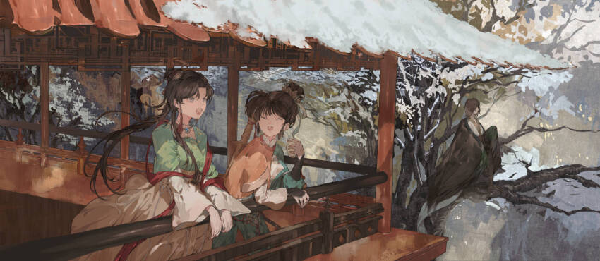 1boy 2girls an-an_lee black_hair chinese_clothes chocolate_(jitong) getian_(reverse:1999) hanfu highres jewelry jian_(weapon) jiu_niangzi long_hair multiple_girls necklace official_alternate_costume open_mouth reverse:1999 snow sword tanling_ruqun tree weapon wuxia