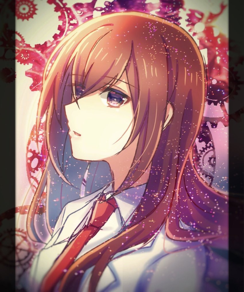 1girl brown_hair collared_shirt eyes_visible_through_hair hair_between_eyes hair_over_one_eye highres lab_coat long_hair makise_kurisu necktie nishijou_myu open_mouth portrait purple_eyes red_necktie shirt sketch solo steins;gate white_shirt wing_collar