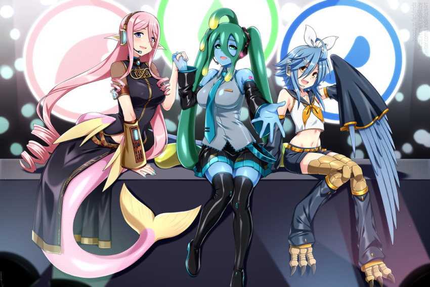 3girls aqua_necktie arm_tattoo belt black_boots black_skirt blue_eyes blue_hair blue_sailor_collar blue_shorts blue_wings boots breasts commentary commission cosplay cropped_shirt detached_sleeves english_commentary feathered_wings green_hair grey_shirt hair_between_eyes hair_ornament hairclip harpy hatsune_miku hatsune_miku_(cosplay) headset holding_hands kagamine_rin kagamine_rin_(cosplay) large_breasts leg_warmers lindaroze long_hair long_sleeves looking_at_viewer megurine_luka megurine_luka_(cosplay) mermaid meroune_lorelei monster_girl monster_musume_no_iru_nichijou multiple_girls nail_polish navel neckerchief necktie number_tattoo open_mouth papi_(monster_musume) pink_hair pleated_skirt pointy_ears reaching reaching_towards_viewer sailor_collar scales shirt short_shorts shorts sitting skirt sleeves_past_fingers sleeves_past_wrists slime_girl smile suu_(monster_musume) talons tattoo teeth tentacle_hair thigh_boots twintails upper_teeth_only very_long_hair vocaloid white_shirt wide_sleeves winged_arms wings yellow_eyes