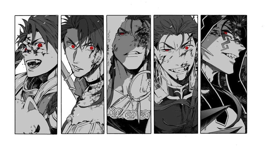5boys blood blood_on_face cu_chulainn_(caster)_(fate) cu_chulainn_(fate) cu_chulainn_(fate/prototype) cu_chulainn_(fate/stay_night) cu_chulainn_alter_(fate) dog earrings facial_mark fangs fate/grand_order fate_(series) greyscale highres hood hood_up jewelry long_hair male_focus maripaka monochrome multiple_boys open_mouth red_eyes setanta_(fate) sharp_teeth spot_color teeth uneven_eyes