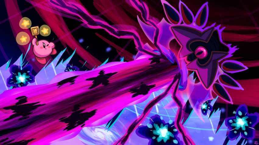 absurdres aura battle black_eyes blush_stickers closed_mouth colored_skin commentary_request dark_aura dark_nebula determined floating frown highres holding holding_wand kirby kirby_star_allies kirby_(series) kirby:_squeak_squad laser looking_at_another nintendo no_humans one-eyed one_eye_closed pink_skin portal_(object) purple_eyes red_footwear shoes slit_pupils space star_(symbol) suyasuyabi triple_star v-shaped_eyebrows wand