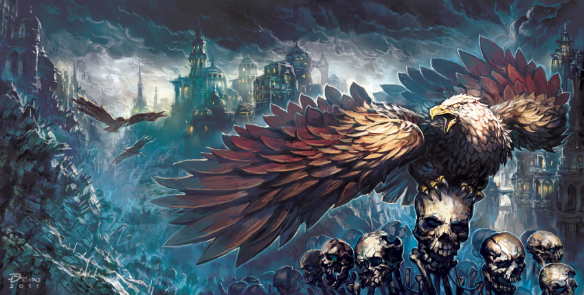 bird bone building cloud dannoura_yuuki eagle glasses original scenery skull