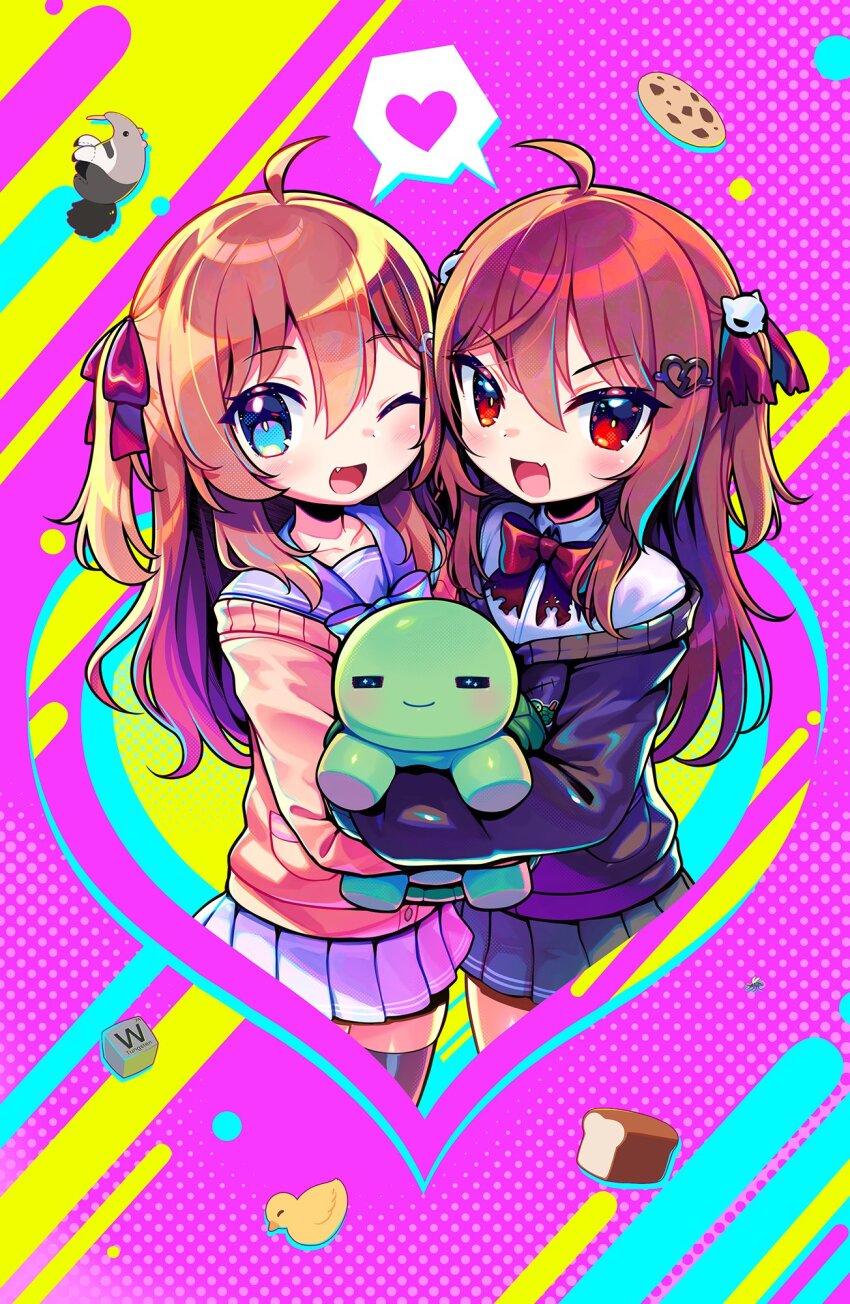 2girls ahoge anteater black_cardigan black_skirt black_thighhighs blue_eyes blue_sailor_collar blue_skirt bow bowtie bread broken_heart broken_heart_hair_ornament brown_hair cardigan collared_shirt commentary cookie cowboy_shot dress_shirt english_commentary evil_neuro-sama fang food hair_between_eyes hair_ornament hair_ribbon heart heart_hair_ornament highres long_hair long_sleeves looking_at_viewer melon-fox multiple_girls neuro-sama one_eye_closed open_mouth pleated_skirt protodesu red_bow red_bowtie red_eyes red_ribbon ribbon rubber_duck sailor_collar shirt siblings sisters skin_fang skirt skull_hair_ornament smile spoken_heart thighhighs turtle twins two_side_up v-neck vedal987 vedal_ai virtual_youtuber white_shirt yellow_bow yellow_bowtie