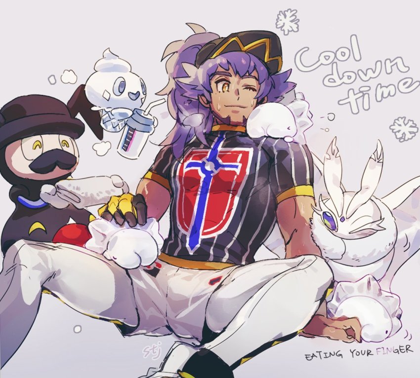1boy arm_support baseball_cap bright_pupils champion_uniform closed_mouth commentary_request cup dark-skinned_male dark_skin drinking_straw english_text eyelashes facial_hair frosmoth game_freak gen_5_pokemon gen_8_pokemon gloves hat holding holding_cup holding_towel leggings leon_(pokemon) long_hair male_focus mr._rime nintendo one_eye_closed pokemon pokemon_(creature) pokemon_swsh purple_hair shield_print shirt shoes short_shorts short_sleeves shorts single_glove sitting smile snom snowflakes spread_legs stj_pkmn sweat sword_print towel vanillite white_legwear white_pupils white_shorts yellow_eyes