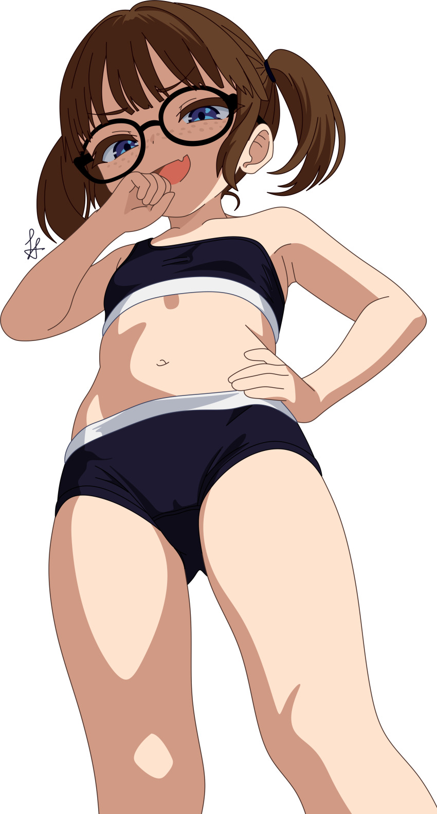 1girl absurdres armpits bad_tag blue_eyes bra brown_hair fang female_focus freckles glasses hand_on_own_hip highres hikari_(artist) legs loli mesugaki navel original panties short_twintails skin_fang smile solo standing stomach thighs twintails underwear white_background