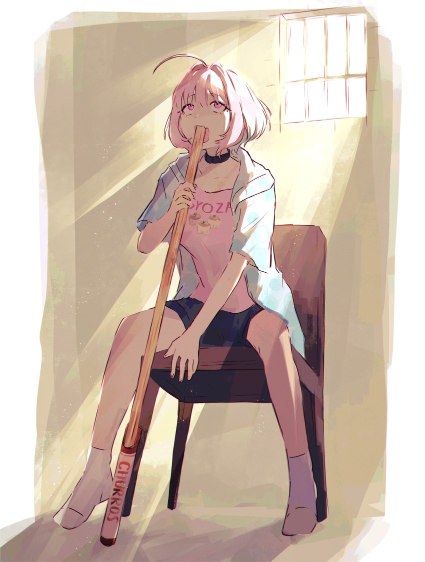 1girl absurdres ahoge black_collar chair churro clothes_writing collar day fang food food_print foreshortening gun_fellatio_(shingeki_no_kyojin) hamachamu highres holding holding_food hood hoodie idolmaster idolmaster_cinderella_girls idolmaster_cinderella_girls_starlight_stage indoors light_rays looking_up meme multicolored_hair no_shoes official_alternate_costume on_chair parody pink_hair pink_shirt print_shirt scene_reference shingeki_no_kyojin shirt short_hair short_sleeves sitting socks solo thighs too_long two-tone_hair white_socks yumemi_riamu