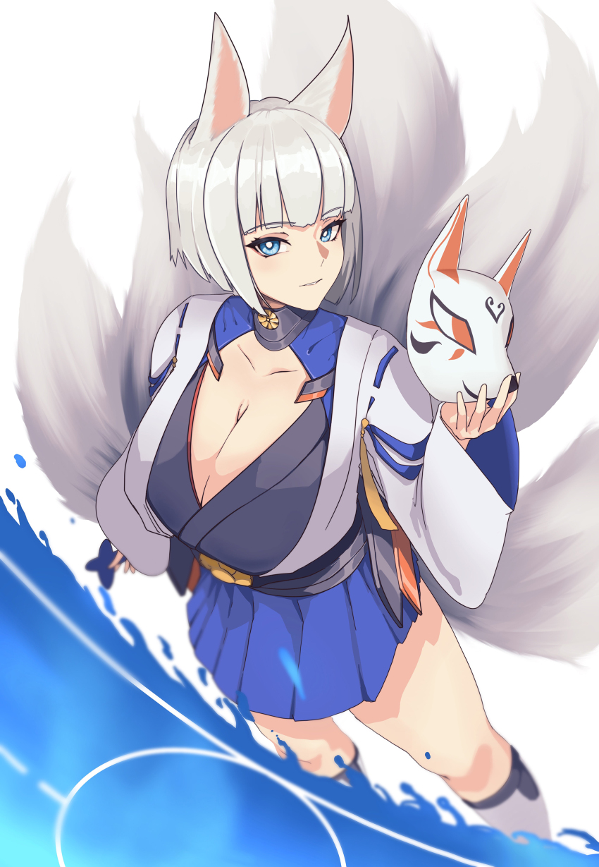 1girl absurdres aircraft_carrier animal_ears arm_behind_back azur_lane blue_eyes blue_skirt breasts cleavage cleavage_cutout clothing_cutout flight_deck fox_ears fox_girl fox_mask fox_tail from_above grin hand_up highres holding holding_mask japanese_clothes kaga_(azur_lane) kimono kitsune kneehighs large_breasts looking_at_viewer looking_up mask medium_hair military_vehicle momofoo multiple_tails parted_lips pleated_skirt rigging sakura_empire_(emblem) ship skirt smile socks solo tail thighs warship watercraft white_hair white_kimono