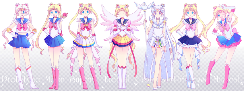 1990s_(style) 6+girls bad_id bad_pixiv_id bishoujo_senshi_sailor_moon bishoujo_senshi_sailor_moon_(first_season) bishoujo_senshi_sailor_moon_r bishoujo_senshi_sailor_moon_s bishoujo_senshi_sailor_moon_sailor_stars bishoujo_senshi_sailor_moon_stars blonde_hair blue_eyes blue_sailor_collar blue_skirt boots bow brooch cape checkered_background choker closed_eyes costume_chart crescent crescent_facial_mark earrings english_text eternal_sailor_moon facial_mark gloves gradient_background hair_bun hands_on_own_hips heart heart_brooch heart_hair_bun highres jewelry layered_skirt lineup long_hair magical_girl multicolored_skirt multiple_girls multiple_persona official_alternate_costume one_eye_closed open_mouth own_hands_clasped own_hands_together pink_hair pleated_skirt pretty_guardian_sailor_moon princess_sailor_moon purple_eyes red_bow retro_artstyle sailor_collar sailor_cosmos sailor_moon sailor_moon_musical sailor_senshi saki_(hxaxcxk) skirt smile super_sailor_moon tiara tongue tongue_out tsukino_usagi twintails v very_long_hair white_choker white_footwear white_gloves white_hair wing_brooch wings wink