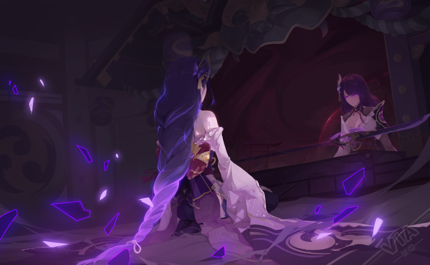 1girl absurdres bridal_gauntlets chinese_commentary electricity engulfing_lightning_(genshin_impact) female_focus flower genshin_impact highres human_scabbard japanese_clothes kimono long_hair low-braided_long_hair low-tied_long_hair mitsudomoe_(shape) mole mole_under_eye musou_isshin_(genshin_impact) obi obiage obijime purple_eyes purple_flower purple_hair purple_kimono purple_nails raiden_shogun sash tomoe_(symbol) via_shinan