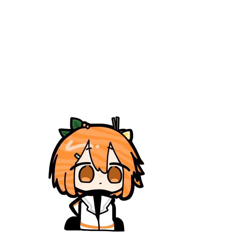 1girl a.i._voice adachi_rei chibi chibi_only closed_mouth food-themed_hair full_body hair_ornament highres jacket leaf_hair_ornament long_sleeves medium_hair open_clothes open_jacket orange_eyes orange_hair salmon_(fish) simple_background sitting solo sparrow_1016 utau white_background white_jacket