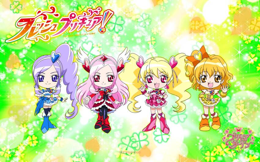 4girls anime_screenshot aono_miki chibi cure_berry cure_passion cure_peach cure_pine fresh_precure! higashi_setsuna highres magical_girl momozono_love multiple_girls official_art precure yamabuki_inori