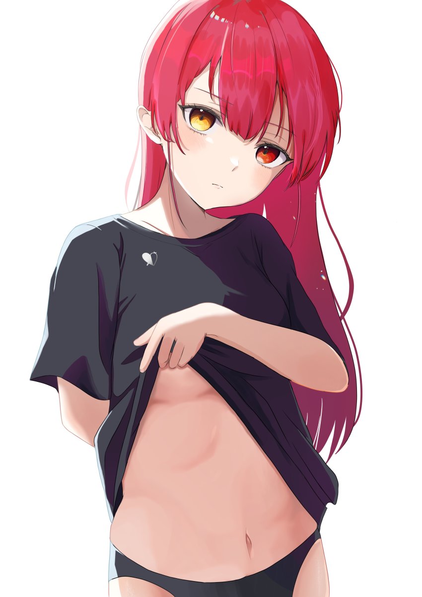 1girl absurdres arm_behind_back arrow_through_heart black_panties black_shirt blush breasts c1p122 cowboy_shot expressionless hair_between_eyes heterochromia highres hololive houshou_marine long_hair medium_breasts navel no_pants panties red_eyes self_exposure shirt simple_background solo t-shirt underboob underwear virtual_youtuber white_background yellow_eyes