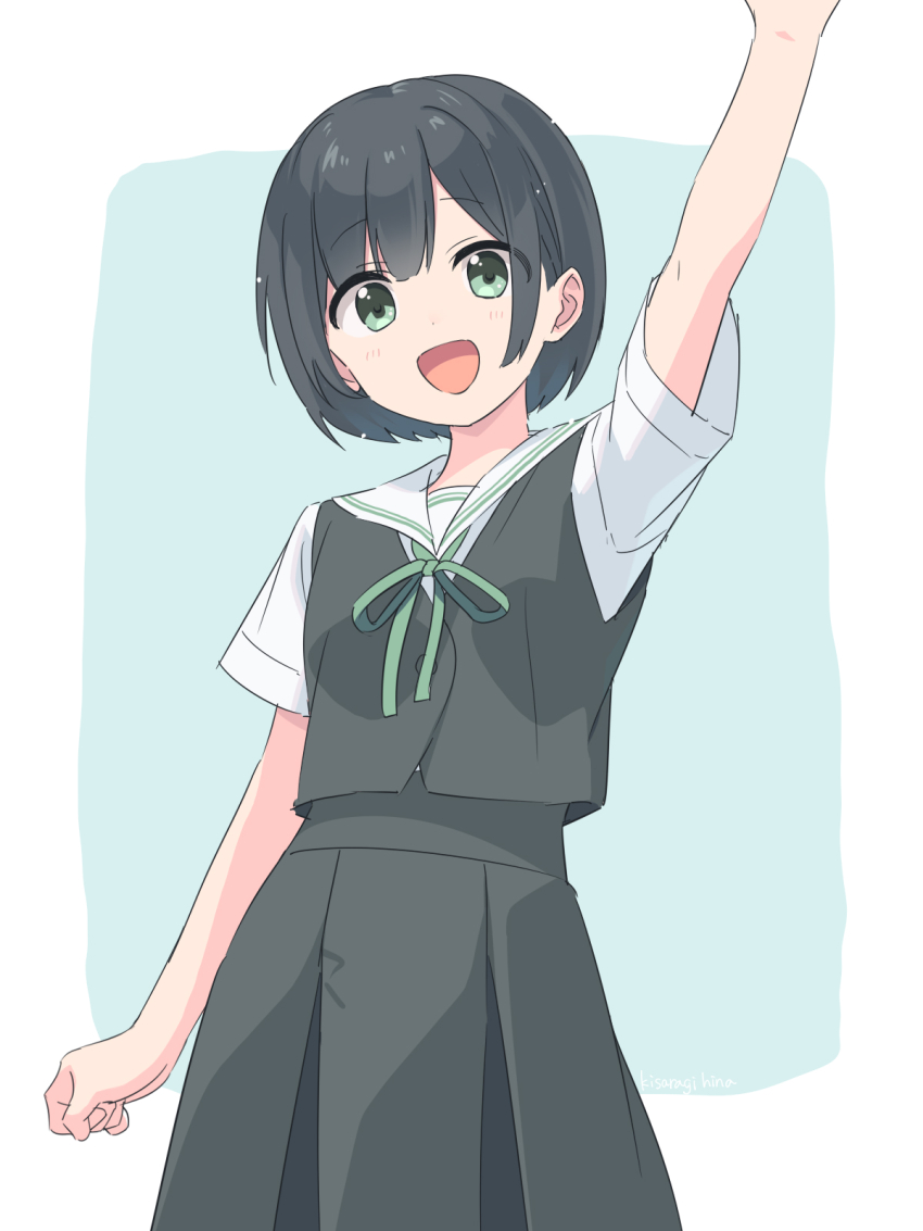 1girl :d black_hair black_skirt blush cowboy_shot green_eyes green_ribbon highres kisaragi_hina looking_at_viewer neck_ribbon open_mouth original ribbon school_uniform serafuku shirt short_hair short_sleeves skirt smile solo striped_background white_shirt