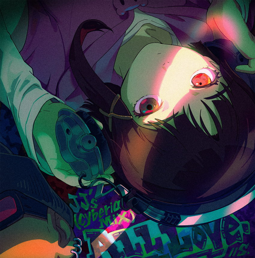 1girl 55natuco adjusting_headphones album_cover artist_collaboration asymmetrical_hair brown_eyes brown_hair commentary_request cover english_text eyelashes hair_ornament headphones highres hood hood_down iwakura_lain kyutokyo looking_at_viewer serial_experiments_lain single_sidelock solo upper_body upside-down window_shadow x_hair_ornament