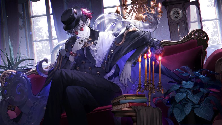 1boy alchemy_stars black_hair black_hat black_legwear book bowler_hat candelabra candle candlestand chandelier clock commentary_request couch crossed_legs fire formal_clothes glasses grandfather_clock hat highres kleken_(alchemy_stars) lentain looking_at_viewer multicolored_hair one_eye_closed pale_skin plant pointy_ears red-tinted_eyewear round_eyewear short_hair sitting smile solo suit tentacles tinted_eyewear translucent very_short_hair watch window