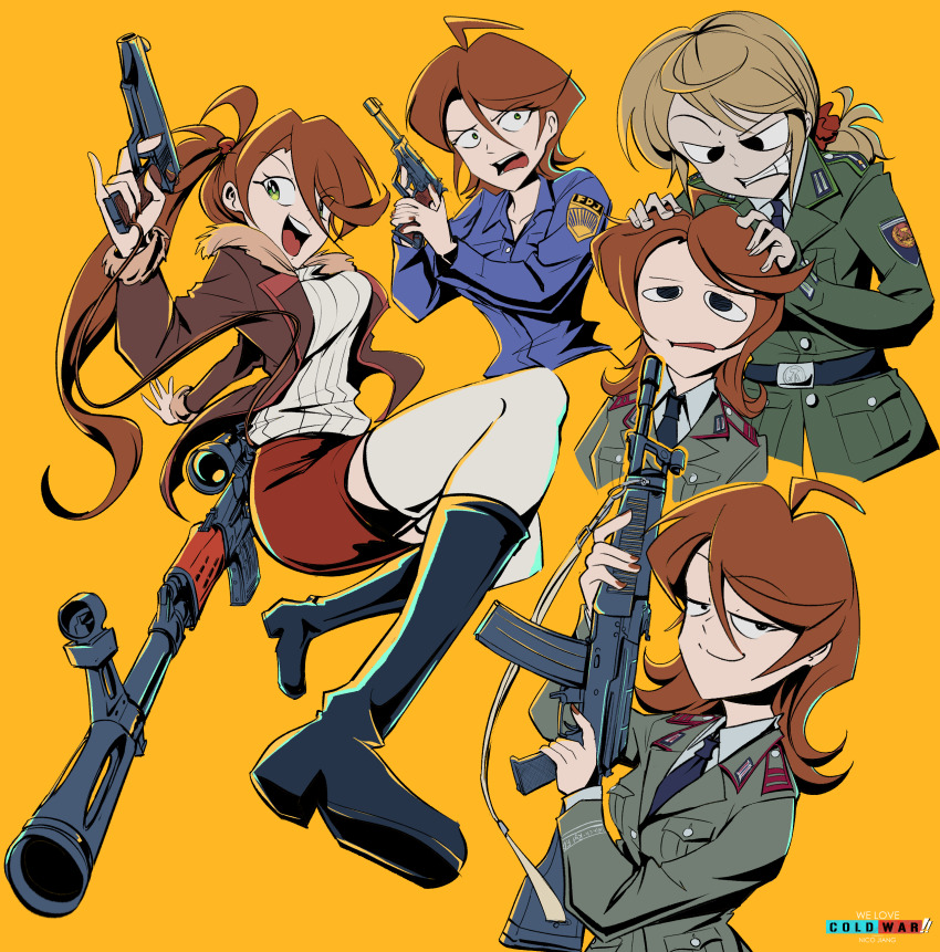 3girls absurdres ahoge assault_rifle belt belt_buckle black_belt black_eyes black_footwear black_necktie blue_shirt boots brown_hair brown_jacket brown_nails buckle closed_mouth collar_tabs collared_shirt commentary copyright_name cropped_torso cuff_title dragunov_svd east_germany english_commentary finger_on_trigger fingernails full_body fur-trimmed_jacket fur_trim green_jacket grey_jacket grin gun gun_sling hair_between_eyes hair_ornament hair_scrunchie handgun hands_on_another&#039;s_head highres holding holding_gun holding_weapon insignia jacket kalashnikov_rifle lanyard lapels light_brown_hair long_hair long_sleeves looking_at_another looking_at_viewer low_ponytail medium_hair midair military military_dress_uniform military_jacket military_uniform miniskirt multiple_girls multiple_views muzzle_device nationale_volksarmee necktie nico_jiang notched_lapels open_clothes open_collar open_jacket open_mouth original patch pioneer_movement ponytail red_scrunchie red_skirt red_trim ribbed_sweater rifle scrunchie shirt shoulder_boards shoulder_patch simple_background skirt smile smug sniper_rifle stechkin_aps surprised sweater teeth two-handed two-handed_handgun_grip upper_body upper_teeth_only valerie_baumer_(wlcw) variations walther walther_p38 we_love_cold_war weapon white_shirt white_sweater wieger_stg-940 yellow_background