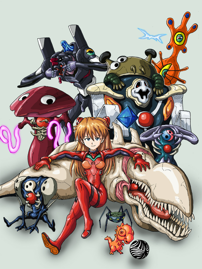 1girl adam_(evangelion) amai_yadoraki angel_(evangelion) arael armor bardiel_(evangelion) breasts chibi claws curvy eva_03 everyone female_focus flying full_armor gaghiel_(evangelion) highres israfel_(evangelion) leliel_(evangelion) long_hair mask matariel mecha mecha_pilot_suit neon_genesis_evangelion plugsuit_(evangelion) ramiel_(evangelion) robot sachiel_(evangelion) sahaquiel_(evangelion) sandalphon_(evangelion) shamshel_(evangelion) sitting size_difference smile souryuu_asuka_langley twintails what whip zeruel_(evangelion)