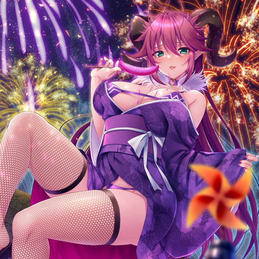 1girl absurdres ahoge asmodeus_(sin_nanatsu_no_taizai) asmodeus_(the_seven_deadly_sins) banana bare_shoulders breasts emanon123 eyebrows_hidden_by_hair fireworks fishnet_thighhighs fishnets food fruit green_eyes hair_between_eyes highres holding horns japanese_clothes kimono large_breasts long_hair looking_at_viewer official_art open_mouth purple_hair sin_nanatsu_no_taizai sitting smile solo summer_festival the_seven_deadly_sins thighhighs