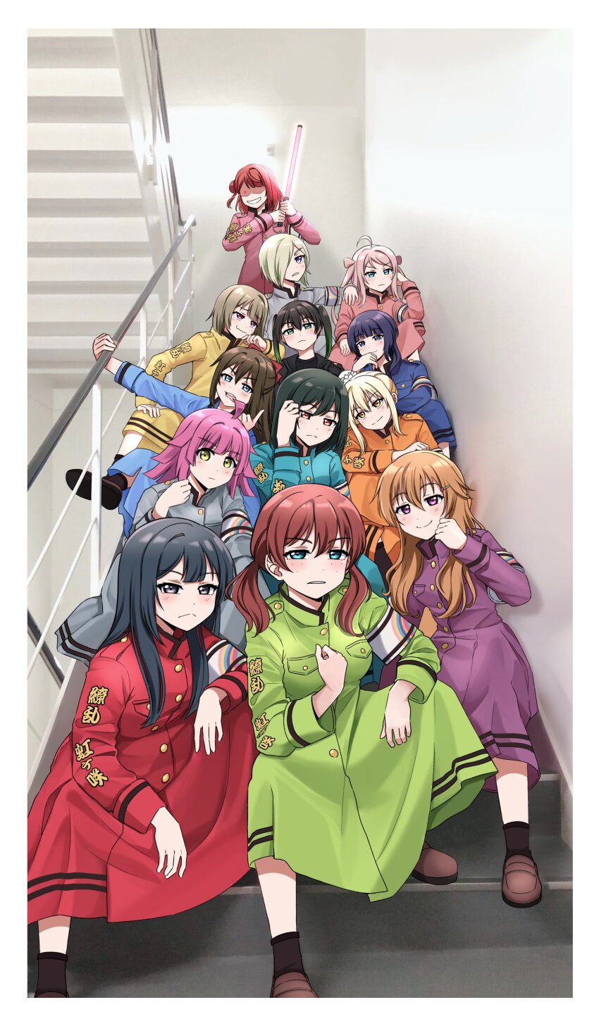 6+girls :| absurdres ahoge aqua_eyes armband asaka_karin black_hair black_jacket black_shirt black_socks blonde_hair blue_dress blue_eyes blue_hair blunt_bangs bob_cut bow breast_pocket breasts brown_footwear brown_hair closed_mouth coat_dress commentary dark_blue_hair delinquent dress emma_verde everyone evil_grin evil_smile expressionless eye_trail fang fang_out freckles frown glowing glowing_eye glowstick gradient_hair green_dress green_eyes green_hair grey_dress grey_eyes grey_hair grin hair_between_eyes hair_bow hair_ornament hair_over_one_eye hairclip half_updo highres holding holding_glowstick jacket konoe_kanata light_smile light_trail long_dress long_hair long_sleeves love_live! love_live!_nijigasaki_high_school_idol_club low_twintails medium_breasts medium_hair mia_taylor mifune_shioriko miyashita_ai multicolored_hair multiple_girls nakasu_kasumi official_alternate_costume one_eye_covered open_clothes open_jacket open_mouth orange_dress orange_eyes osaka_shizuku penlight_(glowstick) photo_background pink_dress pink_eyes pink_hair pocket purple_dress purple_eyes red_bow red_dress red_eyes ryouran!_victory_road_(love_live!) shirt short_hair sidelocks sitting sitting_on_stairs ska.harumi smile socks stairs symbol-only_commentary takasaki_yu teeth tennoji_rina twintails two-handed two_side_up uehara_ayumu unconventional_weapon upper_teeth_only v-shaped_eyebrows wavy_mouth white_armband yellow_dress yellow_eyes yuki_setsuna zhong_lanzhu