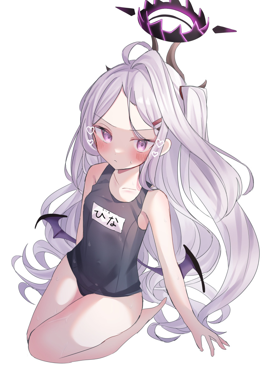 1girl absurdres ahoge black_halo blue_archive blush breasts halo highres hina_(blue_archive) hina_(swimsuit)_(blue_archive) loli long_hair looking_at_viewer old_school_swimsuit purple_eyes rip_1031 school_swimsuit simple_background sitting small_breasts solo swimsuit white_background white_hair