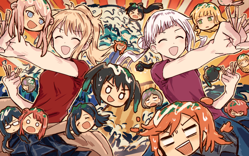 &gt;_&lt; 6+girls :d :| ^_^ absurdres arashi_chisato bad_id bad_twitter_id black_hair black_skirt blonde_hair blue_eyes blue_jacket blunt_bangs bob_cut braid brown_cardigan bullfalk cardigan cardigan_around_waist closed_eyes closed_mouth clothes_around_waist colored_tips commentary_request d: double_bun dual_persona dx expressionless fine_art_parody floating_head flying_sweatdrops glasses green_eyes green_hair grey_hair grey_skirt hair_bun hazuki_ren heanna_sumire high_ponytail highres holding in-franchise_crossover jacket jacket_around_neck kanagawa_okinami_ura long_hair love_live! love_live!_nijigasaki_high_school_idol_club love_live!_superstar!! mayonnaise miyashita_ai multicolored_hair multiple_girls nakagawa_nana o_o opaque_glasses open_mouth orange_background orange_hair outline parody pink_hair pink_shirt plaid_clothes plaid_skirt pleated_skirt ponytail puffy_short_sleeves puffy_sleeves red_shirt sanpaku shibuya_kanon shirt short_hair short_sleeves sidelocks single_braid single_side_bun skirt smile sweat swept_bangs symmetry takasaki_yu tang_keke teeth toothpick twintails uehara_ayumu upper_teeth_only v-shaped_eyebrows white_hair yellow_outline yuki_setsuna yuki_setsuna_(love_live!) zhong_lanzhu