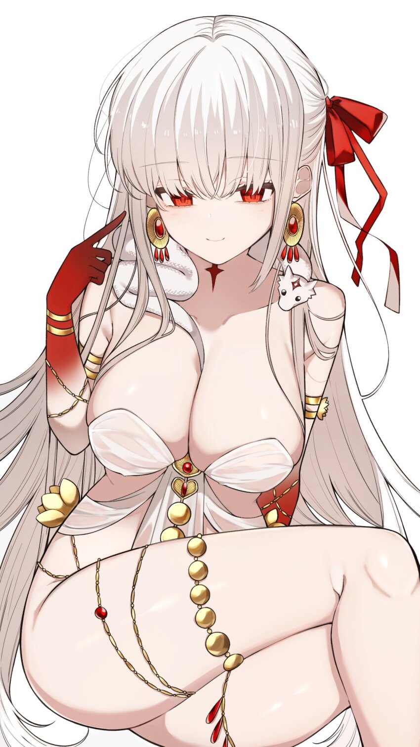 1girl absurdres armlet bare_shoulders belly_chain blush body_markings bracelet breasts cleavage collarbone colored_skin dress durga_(fate) durga_(first_ascension)_(fate) earrings fate/grand_order fate_(series) gradient_skin grey_hair hair_ribbon highres jewelry large_breasts long_hair looking_at_viewer mati5572 red_eyes red_skin revealing_clothes ribbon sash smile snake solo thighs thumb_ring very_long_hair white_dress