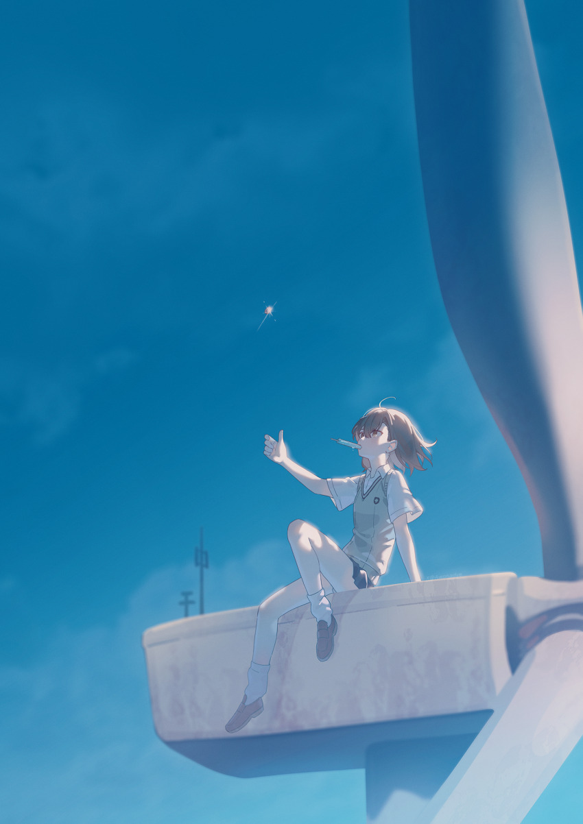 1girl az_(zero_glvimayhop) blue_sky brown_eyes brown_hair brown_shoes brown_sweater_vest coin collared_shirt commentary food_in_mouth glint grey_skirt highres ice_cream_bar loafers looking_up loose_socks miniskirt misaka_mikoto outdoors pleated_skirt school_emblem school_uniform shirt shoes short_sleeves sitting skirt sky socks summer_uniform sweater_vest symbol-only_commentary toaru_kagaku_no_railgun toaru_majutsu_no_index tokiwadai_school_uniform v-neck white_shirt white_socks wind_turbine windmill