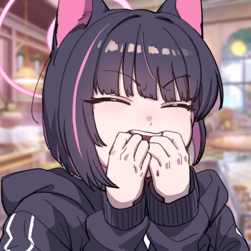 1girl black_hair blue_archive closed_eyes eating highres hobgoblin-kim hood hooded_jacket jacket kazusa_(blue_archive) multicolored_hair purple_hair school_uniform serafuku solo two-tone_hair