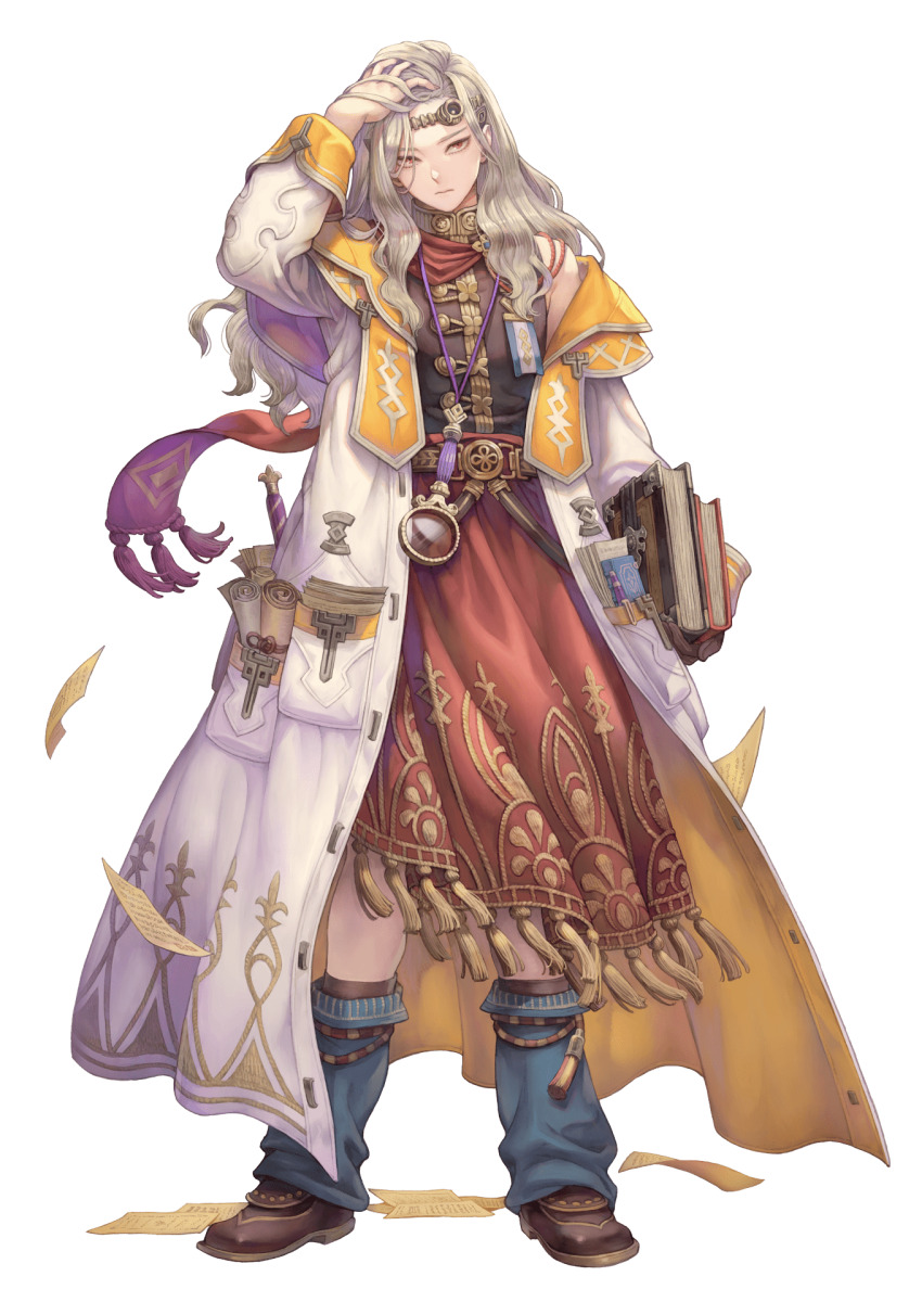1boy bishounen book boots coat full_body grey_hair haccan highres holding holding_book long_hair magnifying_glass male_focus official_art open_clothes open_coat pages red_eyes second-party_source seiken_densetsu single_bare_shoulder solo tassel transparent_background visions_of_mana