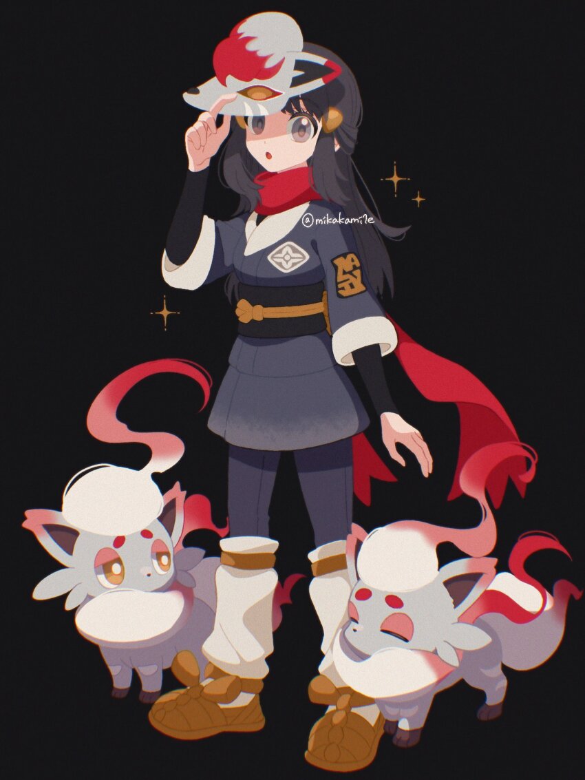 1girl akari_(pokemon) black_background black_hair black_sash bright_pupils closed_eyes closed_mouth eyelashes galaxy_expedition_team_survey_corps_uniform grey_eyes headscarf highres hisuian_zorua jacket long_hair mask mask_on_head mikakami1e nintendo open_mouth pantyhose pokemon pokemon_(creature) pokemon_legends:_arceus ponytail red_scarf sash scarf shirt sidelocks simple_background white_headscarf white_pupils yellow_eyes