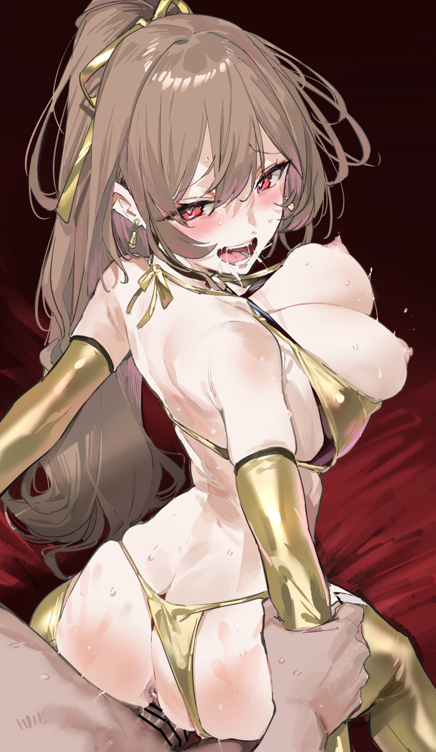 1boy 1girl absurdres anus ass bikini bikini_bottom_aside bikini_pull blush bouncing_breasts breasts brown_hair clothes_pull clothing_aside earrings elbow_gloves furen_e_lustario gloves gold_bikini gold_earrings gold_thighhighs hair_ribbon heart heart-shaped_pupils hetero high_ponytail highres jewelry kurotsuki_machi large_breasts looking_back nijisanji nipples open_mouth ponytail raised_eyebrows red_eyes ribbon saliva sex sound_effects swimsuit symbol-shaped_pupils teeth textless_version unaligned_breasts virtual_youtuber