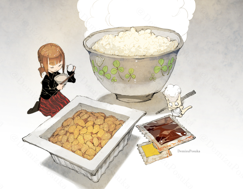 1girl artist_name bowl chopsticks commentary demizu_posuka egg food holding holding_bowl holding_chopsticks holding_egg nattou original rice rice_bowl soy_sauce steam
