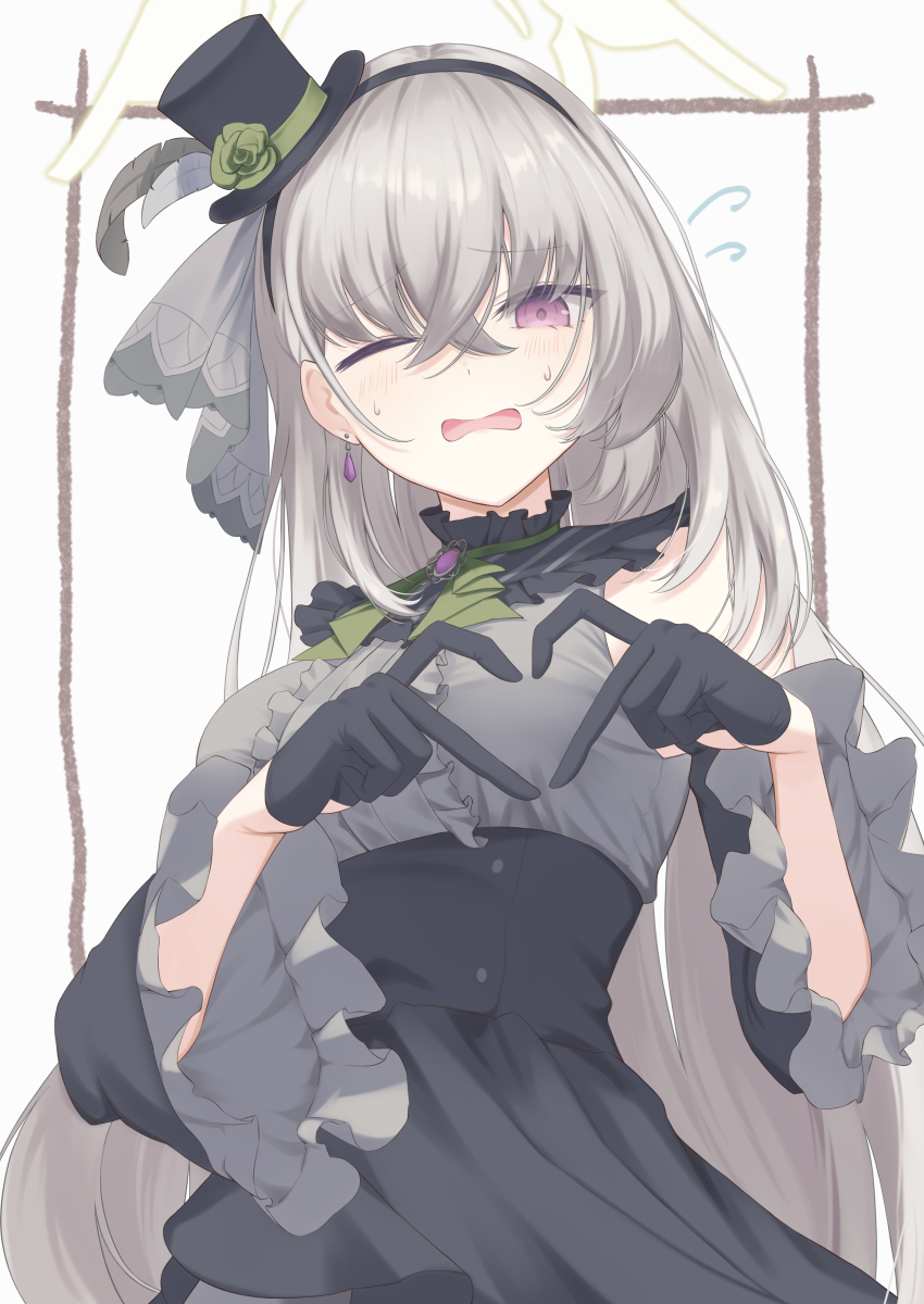 four-finger_heart_hands absurdres ascot black_gloves black_headband blue_archive center_frills crossed_bangs detached_sleeves flower flower_hat frills gloves green_ascot green_flower green_rose grey_hair half_gloves halo hat hat_flower headband heart heart_hands highres idol idol_clothes kotokoto_(pixiv_105451061) long_hair mini_hat mini_top_hat one_eye_closed rose sakurako_(blue_archive) sakurako_(idol)_(blue_archive) top_hat yellow_halo