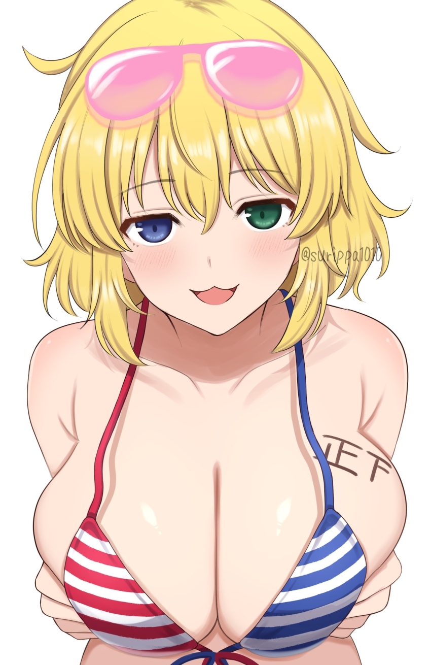 1girl bikini blonde_hair blue_eyes body_writing collarbone commentary_request eyewear_on_head green_eyes heterochromia highres looking_at_viewer multicolored_bikini open_mouth ryouna_(senran_kagura) senran_kagura short_hair simple_background smile solo striped_bikini striped_clothes sunglasses surippa1010 swimsuit twitter_username two-tone_bikini upper_body white_background