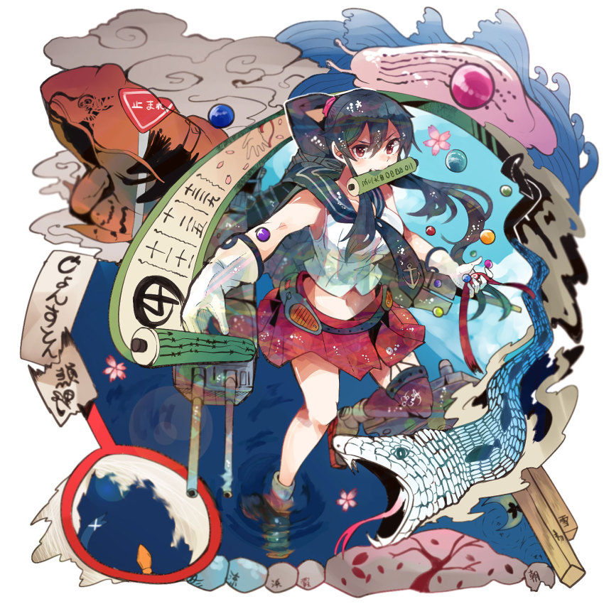 10s 1girl asymmetrical_legwear belt black_hair boots breasts cannon cherry_blossoms cloud flight_deck frog garter_straps gloves hairband high_ponytail highres invocation itomugi-kun kantai_collection long_hair machinery marble_(toy) midriff moon moon_reflection mouth_hold necktie petals pleated_skirt ponytail red_eyes reflection ripples road_sign school_uniform scroll scrunchie serafuku ship_turret shoukaku_(kancolle) sidelocks sign single_thighhigh skirt slug smoke smokestack snail snake standing standing_on_one_leg thighhighs uneven_legwear water waves white_gloves yahagi_(kancolle)