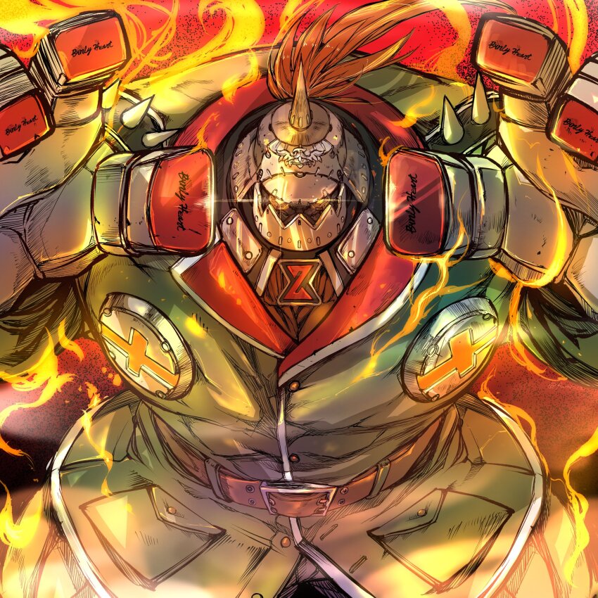 1boy brown_hair coat commentary_request english_text fire glowing glowing_eyes grey_coat guilty_gear guilty_gear_strive helmet highres illustica_phantom looking_at_viewer male_focus potemkin_(guilty_gear) solo song_name