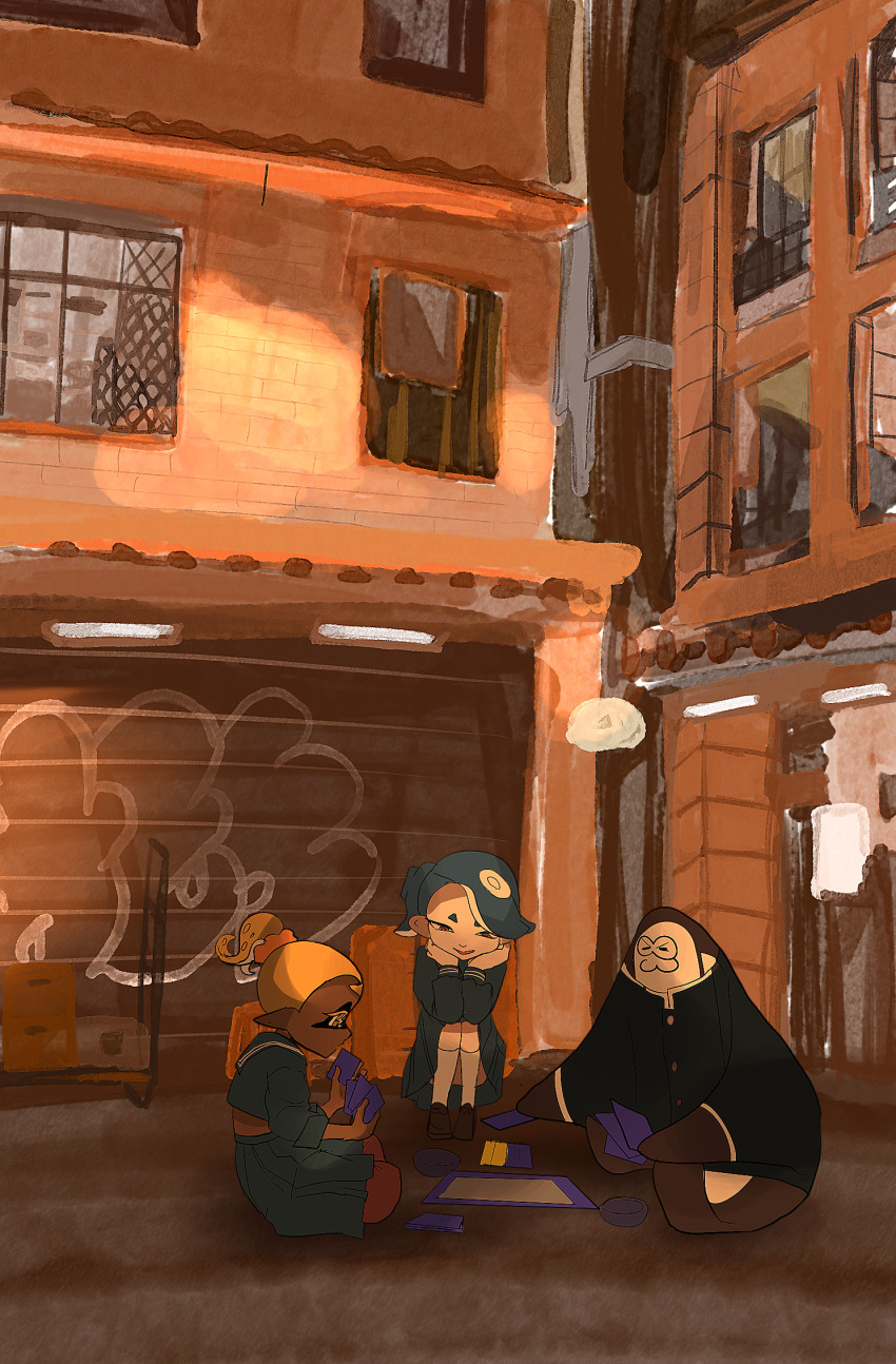 2girls big_man_(splatoon) big_man_(young)_(splatoon) blonde_hair blue_hair card colored_eyelashes dark-skinned_female dark_skin frye_(splatoon) frye_(young)_(splatoon) hair_over_one_eye highres holding holding_card hyon_(hyununu) inkling multiple_girls nintendo octoling open_mouth playing playing_card pointy_ears red_eyes school_uniform shiver_(splatoon) shiver_(young)_(splatoon) smile splatoon_(series) splatoon_3 tagme tentacle_hair