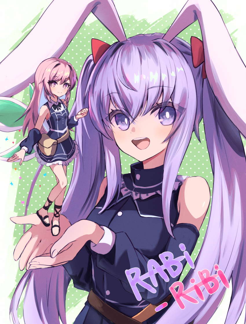 :d animal_ears bare_legs bare_shoulders belt_pouch black_dress bow commentary_request copyright_name cupping_hands detached_sleeves dress erina_(rabi-ribi) eyes_visible_through_hair fairy fairy_wings frilled_shirt_collar frills hair_between_eyes hair_bow hair_down highres long_hair long_sleeves looking_at_viewer mini_person minigirl open_mouth own_hands_together pink_eyes pink_hair pouch purple_eyes purple_hair rabbit_ears rabbit_girl rabi-ribi red_bow reinoni ribbon_(rabi-ribi) sandals simple_background smile twintails very_long_hair wings