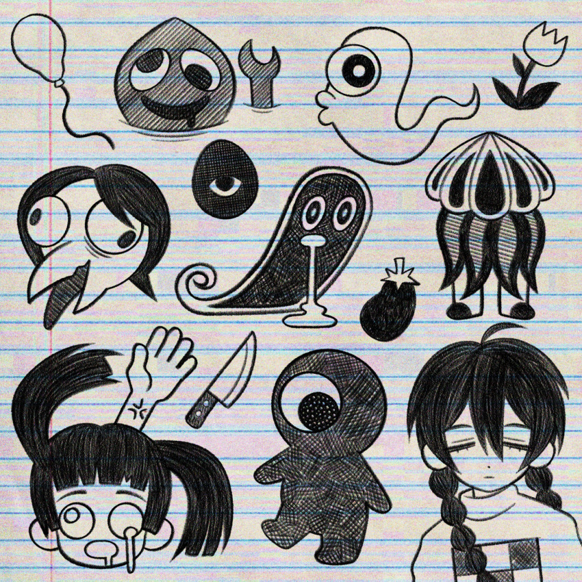 3girls anger_vein balloon braid closed_mouth commentary cryptidhermit drooling egg eggplant english_commentary extra_arms flower greyscale hair_between_eyes highres jellyfish_(yume_nikki) kasei-san knife kyukkyu-kun lined_paper long_hair madotsuki melting_eyes monochrome monoko multiple_girls open_mouth toriningen twin_braids twintails yume_nikki